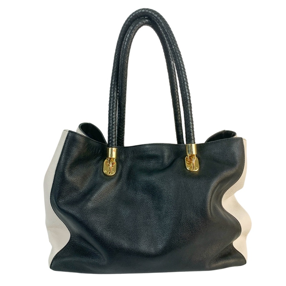 Cole Haan Black Leather Benson Double Braided Handles Gold Hardware Tote Bag